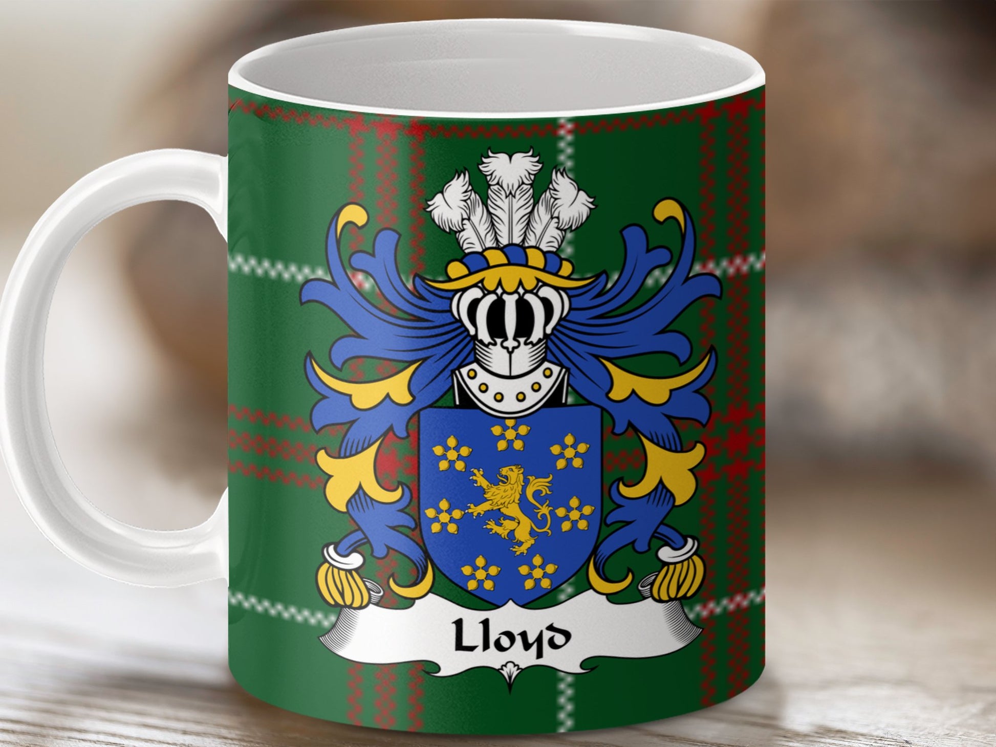 Lloyd Family Coat of Arms on Welsh Tartan Background Mug - Living Stone Gifts