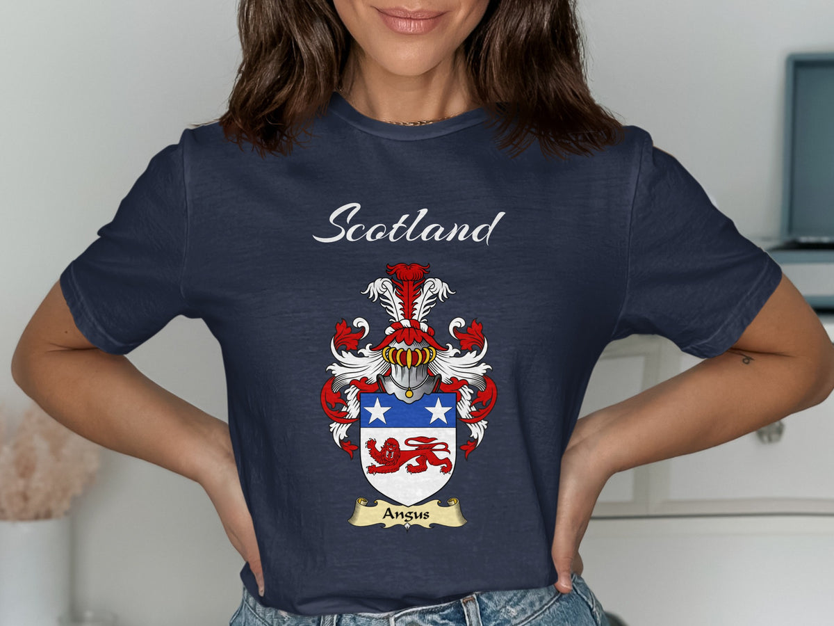 Angus Scottish family shield design on Navy T-shirt
