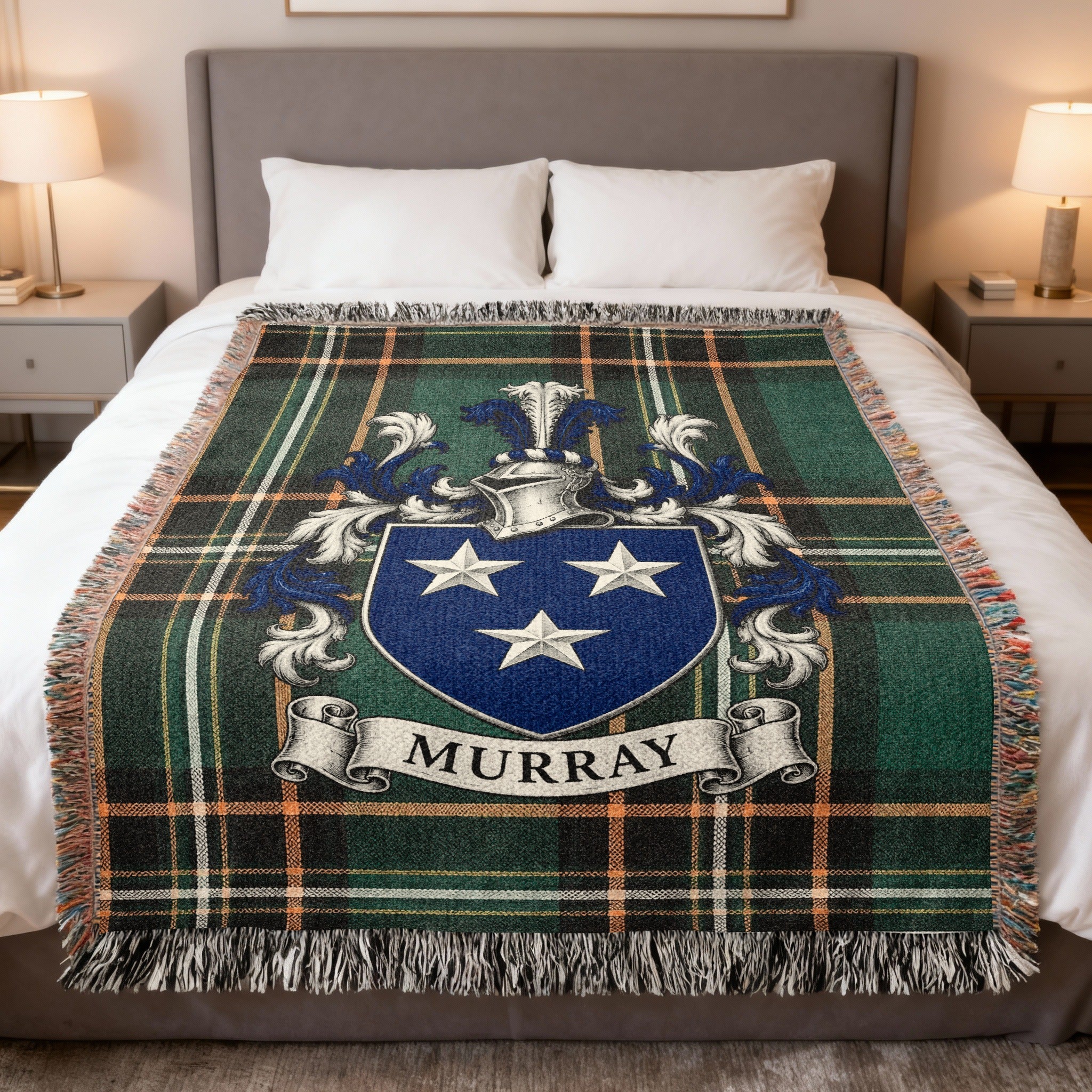 Murray Irish National Tartan heirloom woven blanket with family crest, full product view