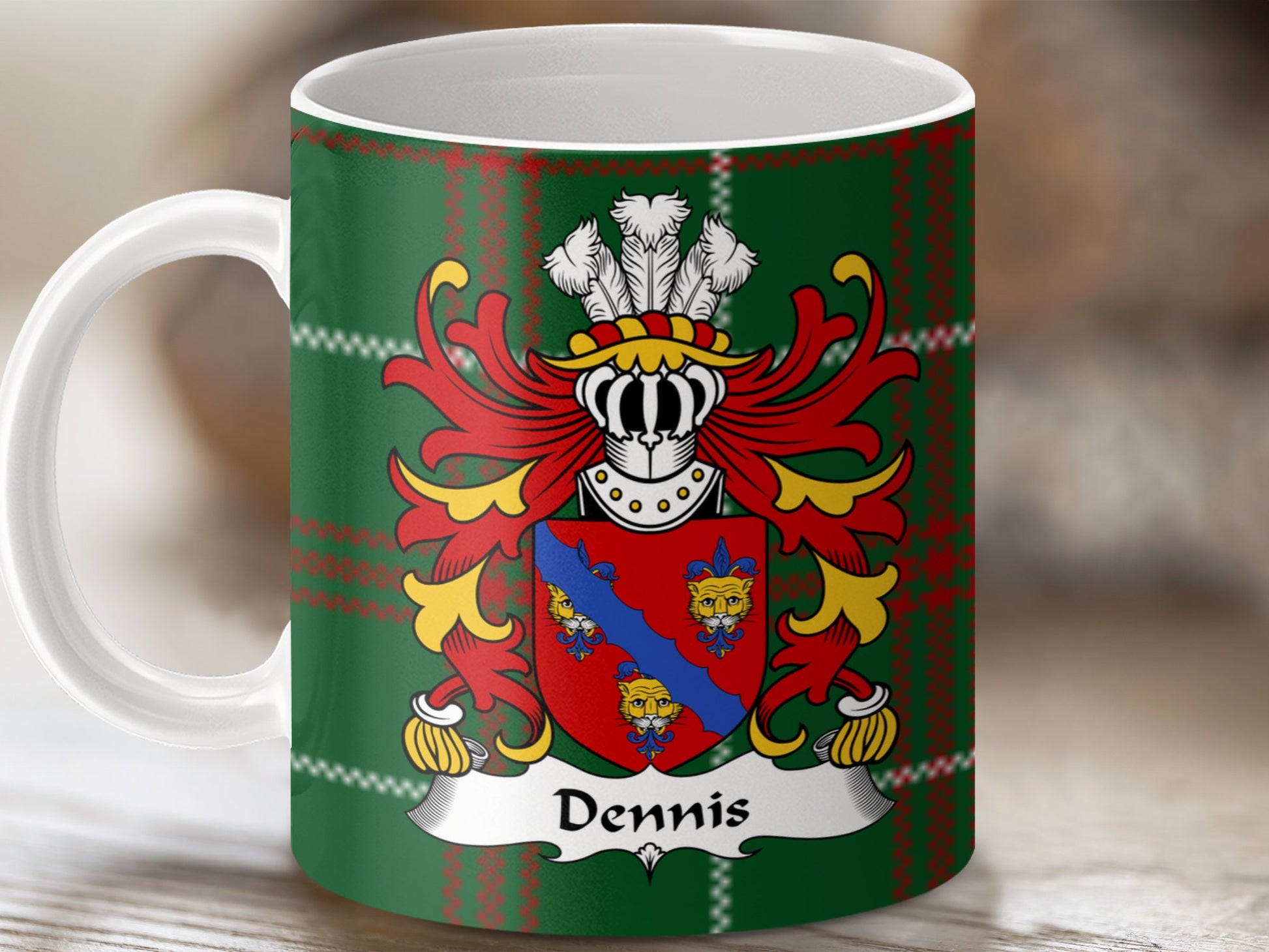 Dennis Surname Coat of Arms on Welsh Tartan Mug - Living Stone Gifts