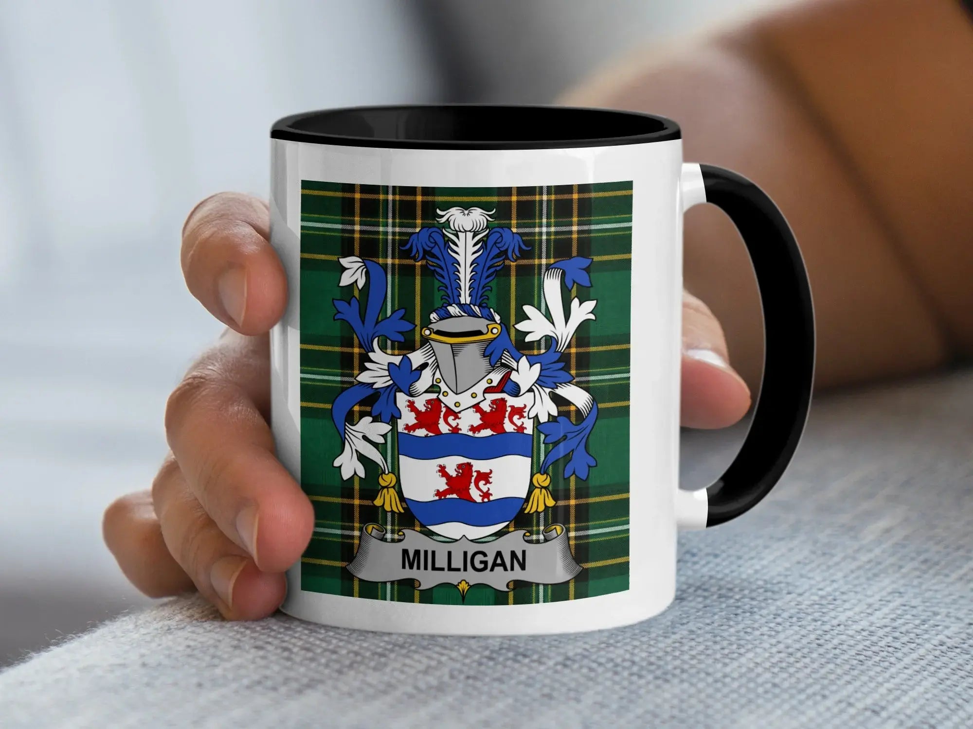 Milligan Irish family crest black accent mug