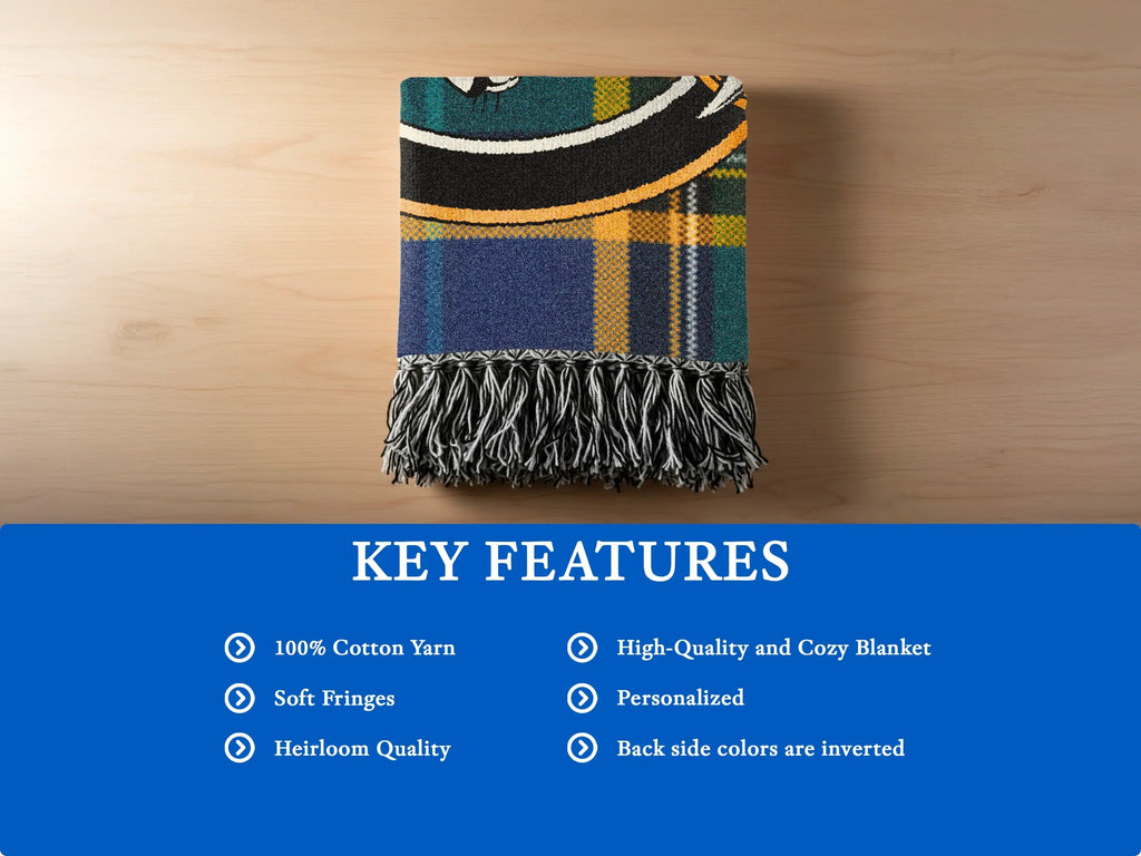 Clan Bethune heirloom woven blanket with soft cotton fringe edge