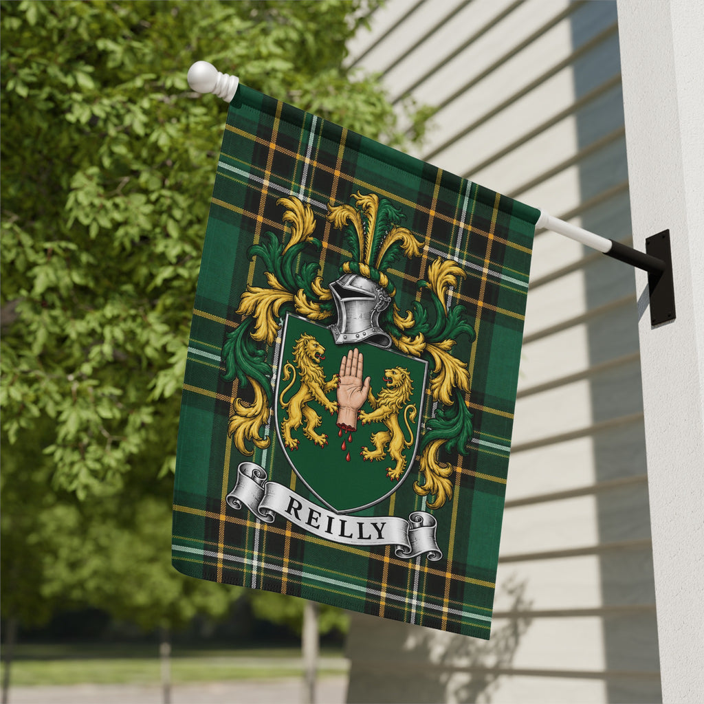 Reilly Irish National Tartan family crest garden flag displayed outdoors
