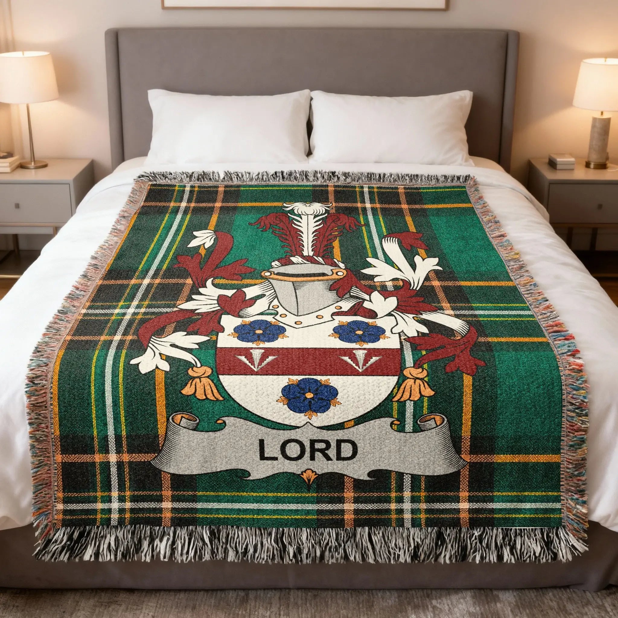 Tartan blanket with a coat of arms featuring the surname "LORD".