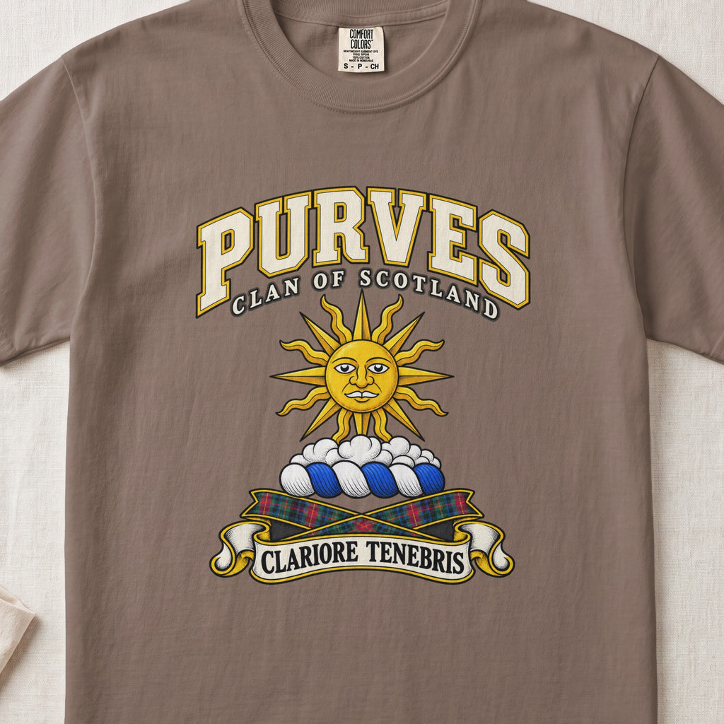 Purves Scottish clan T-shirt in Espresso, front view with a golden sun above clouds and motto design.