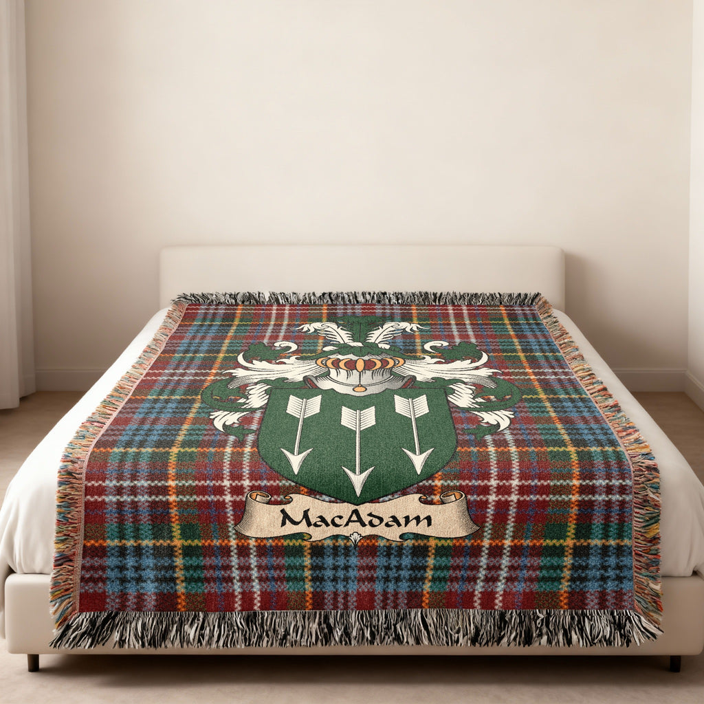 MacAdam Scottish family shield woven blanket on a Caledonia tartan background