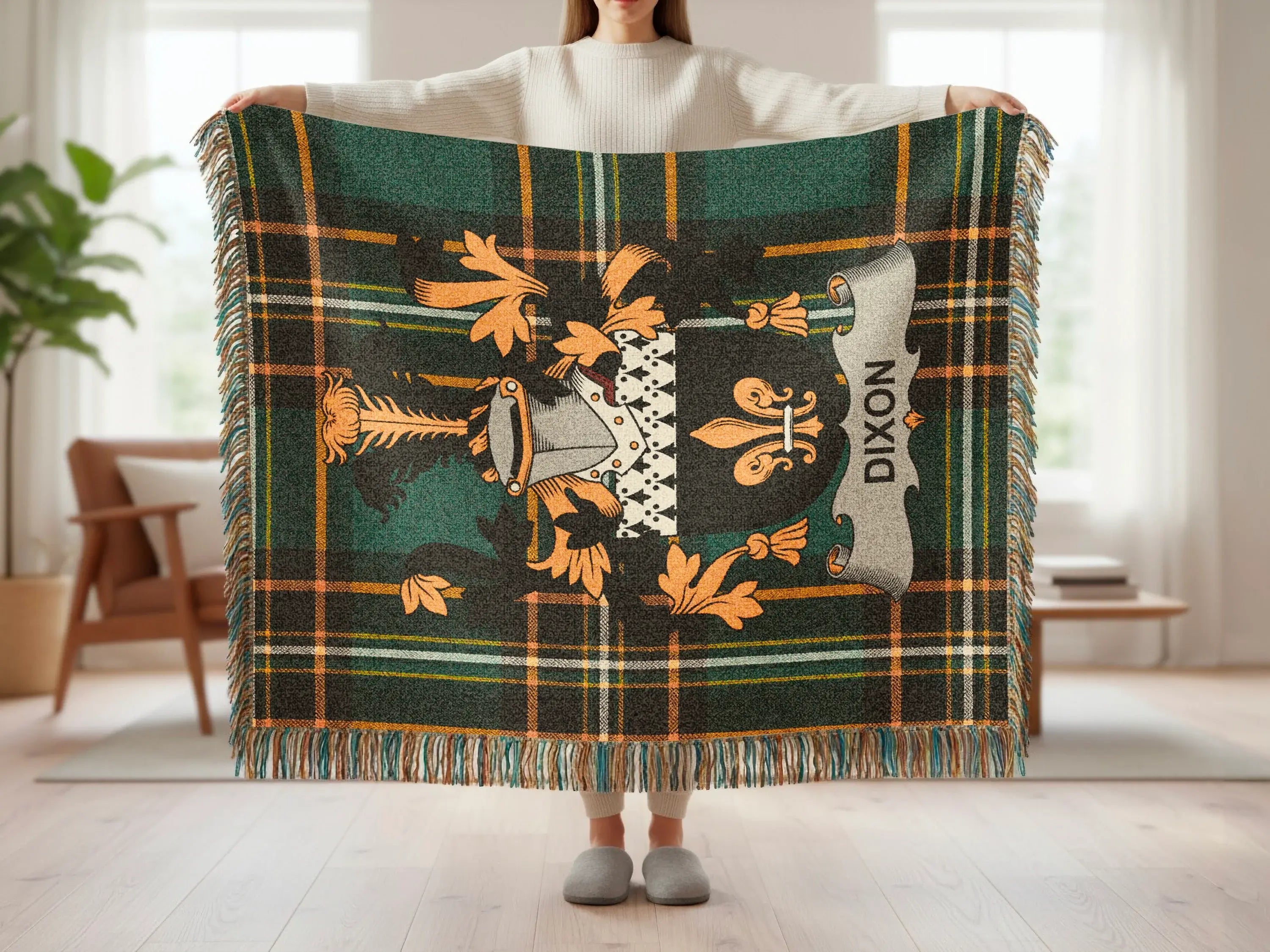 Dixon Family Crest Tartan Plaid Green Black Orange blanket product type