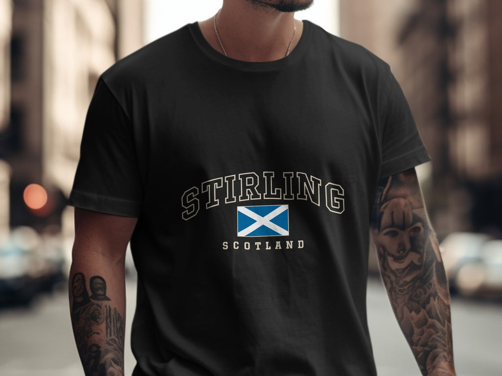 Model wearing the Black Stirling Scotland Comfort Colors T-shirt with the Scottish Saltire