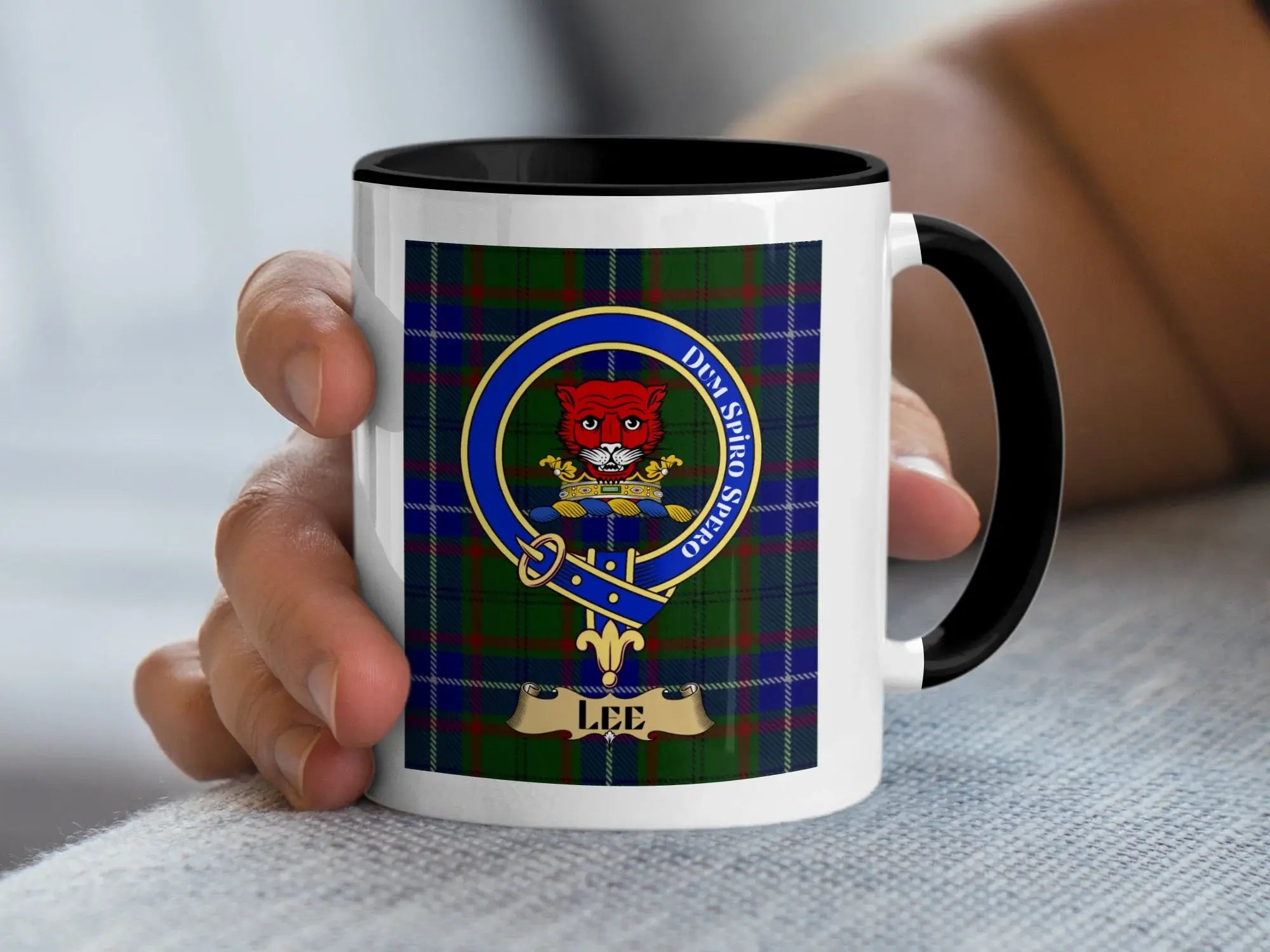 Lee tartan mug with a coloured accent handle and interior