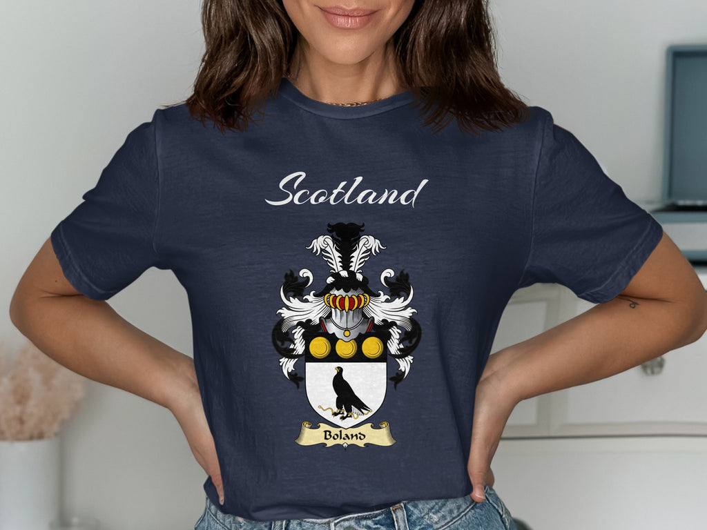 Boland Scottish family shield design on Navy T-shirt
