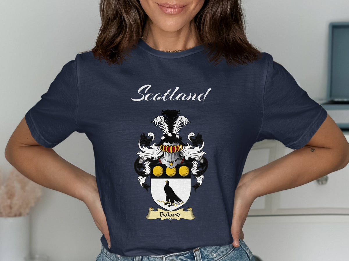 Boland Scottish family shield design on Navy T-shirt