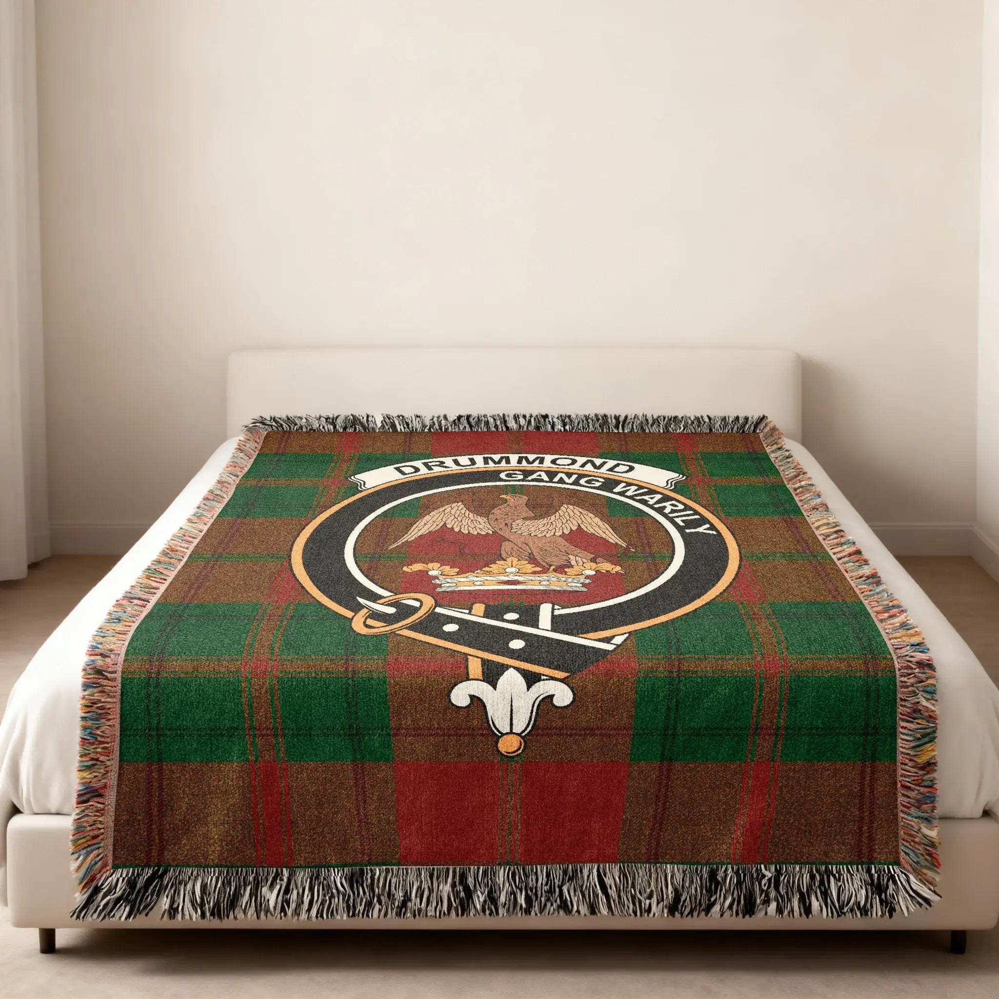Drummond Gang Warily emblem patterned woven blanket — clan crest at centre, fringe edge visible
