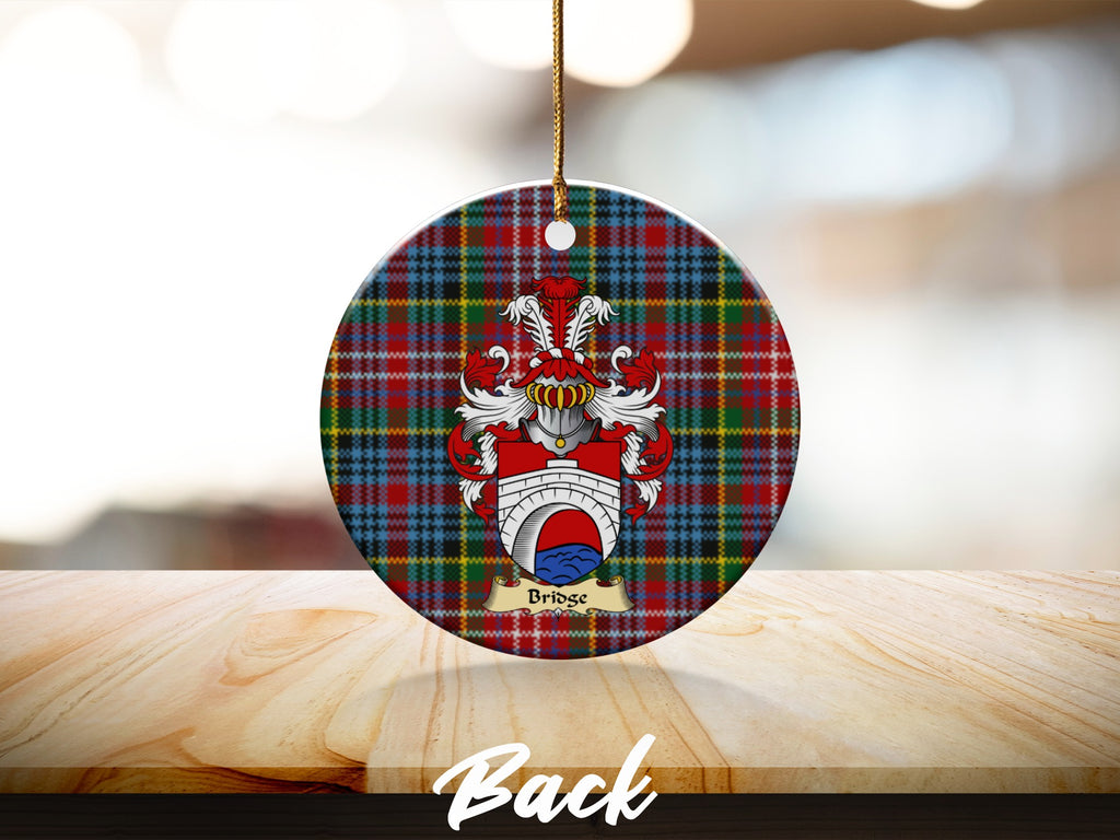 Round Bridge Scottish clan ornament with family crest on a Caledonia tartan background