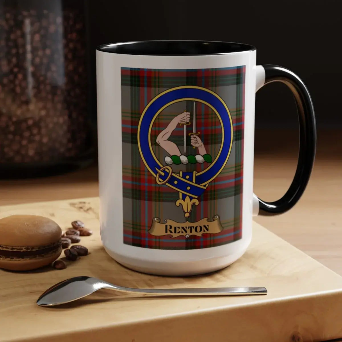 Renton Clan Crest Coffee Mug with Tartan Design