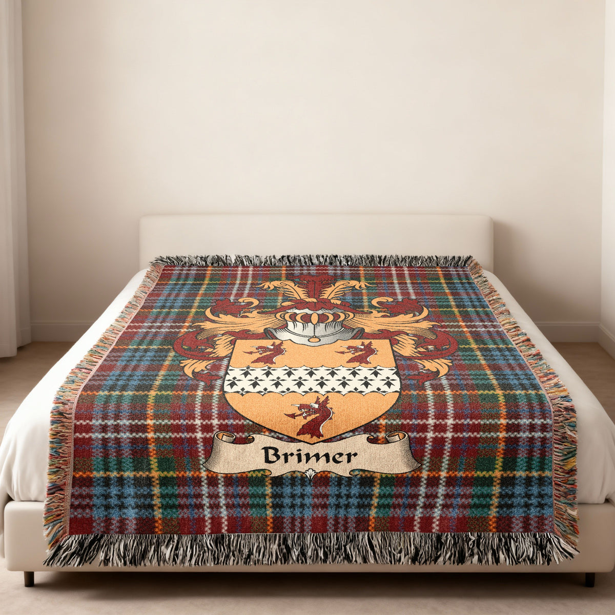 Brimer Caledonia tartan heritage woven throw blanket with family shield