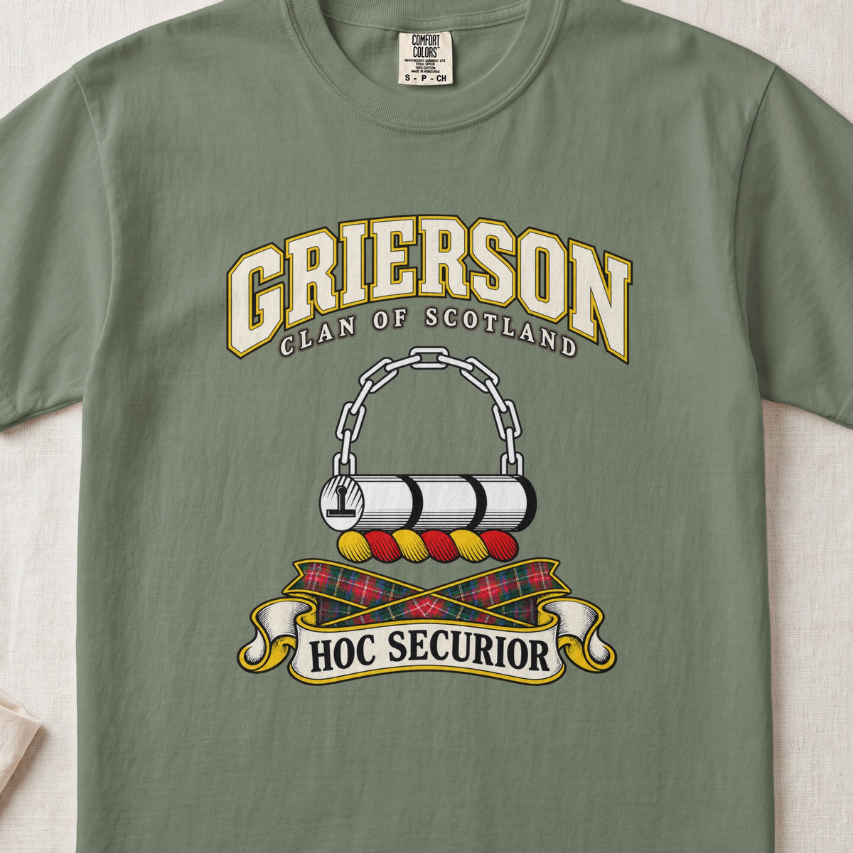 Grierson Scottish clan T-shirt in Moss, front view with a chained silver log and motto design.