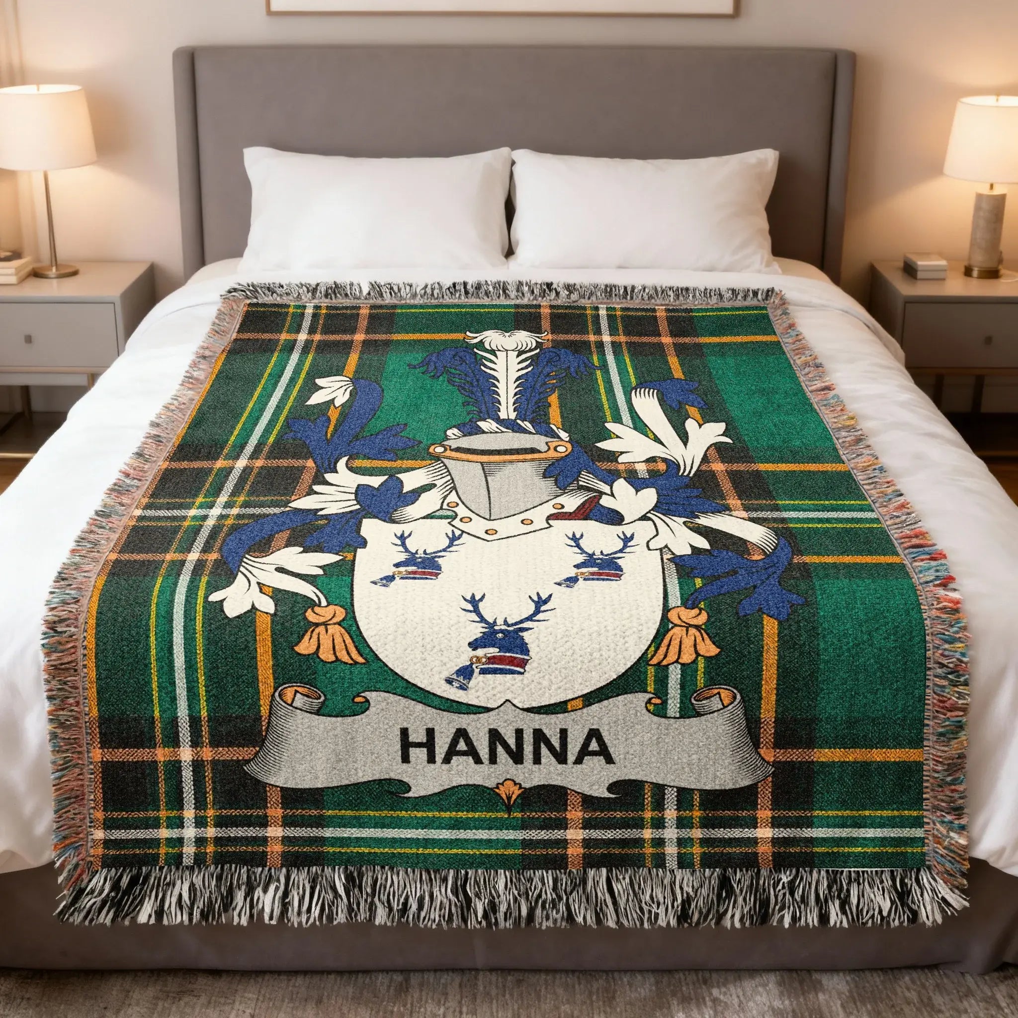Tartan blanket with Hanna surname crest in blue, green, and white.