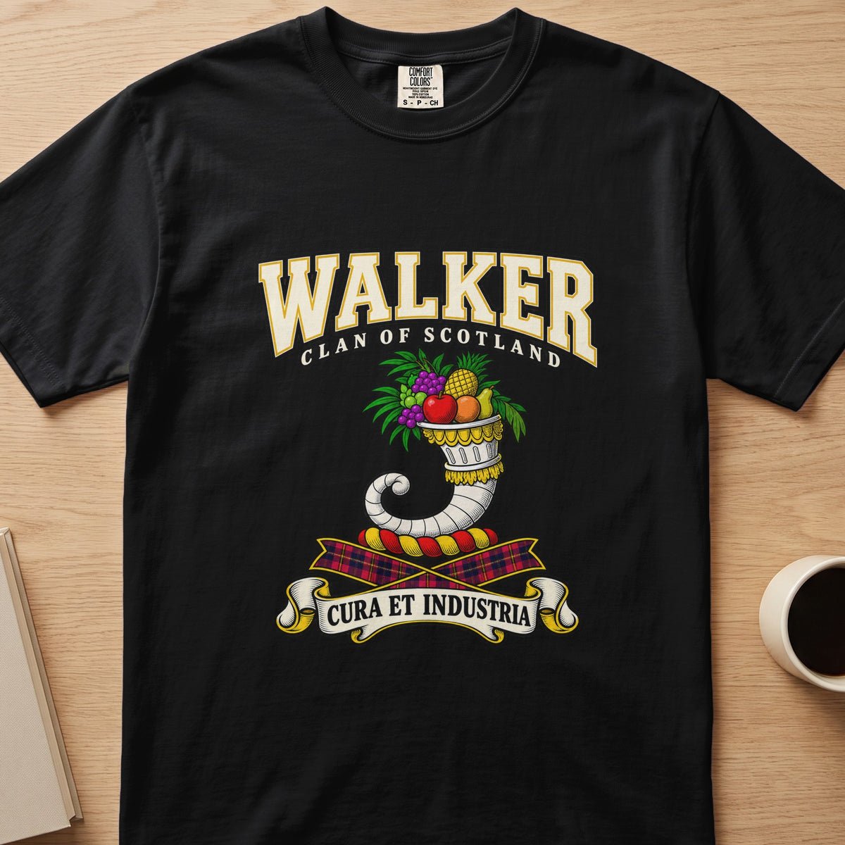 Walker clan T-shirt in black, front view with curved horn filled with colorful flowers