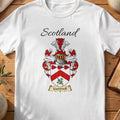 White Gammell Scottish family shield T-shirt featuring a red chevron with botanical details