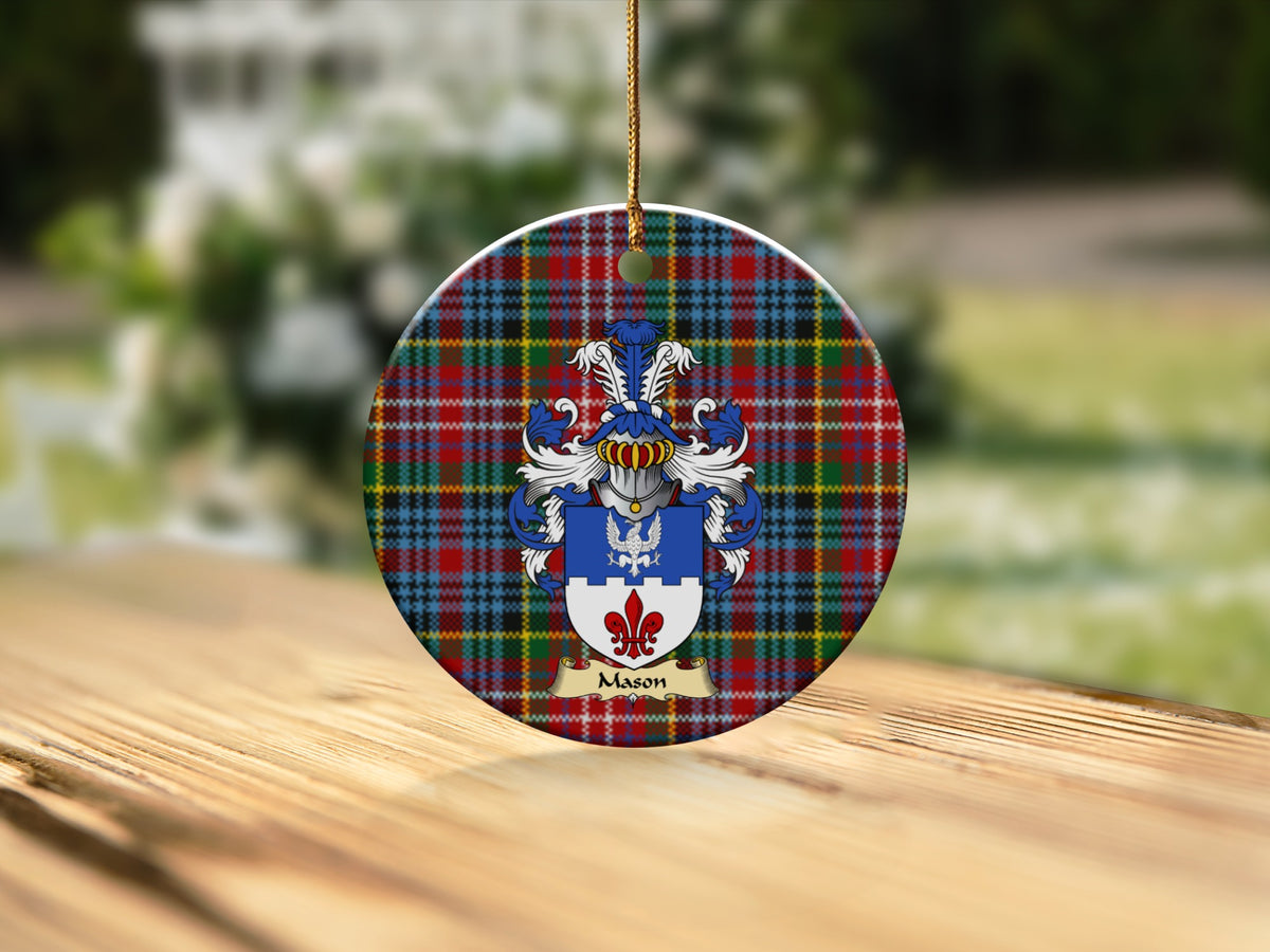 Round Mason Scottish clan ornament with family crest on a Caledonia tartan background