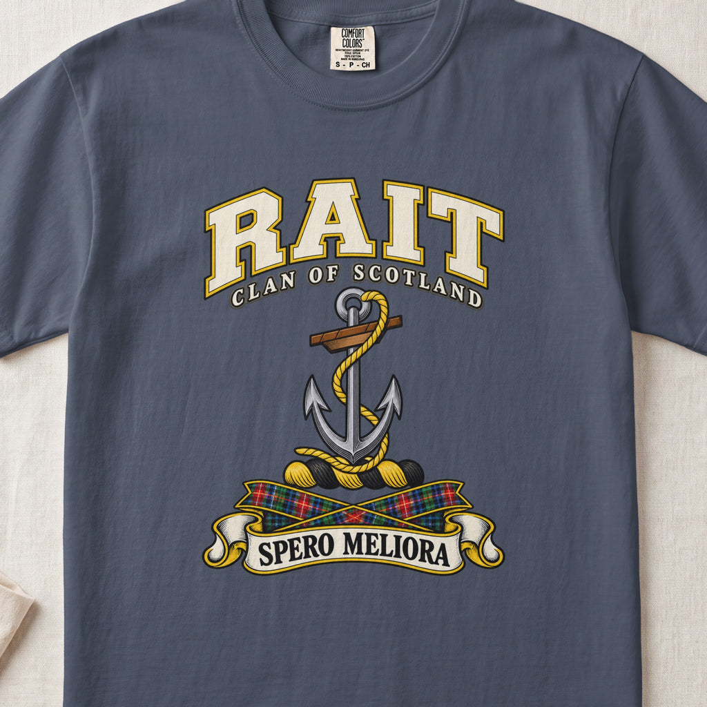 Rait Scottish clan T-shirt in Midnight, front view with an anchor with a coiled rope and motto banner.