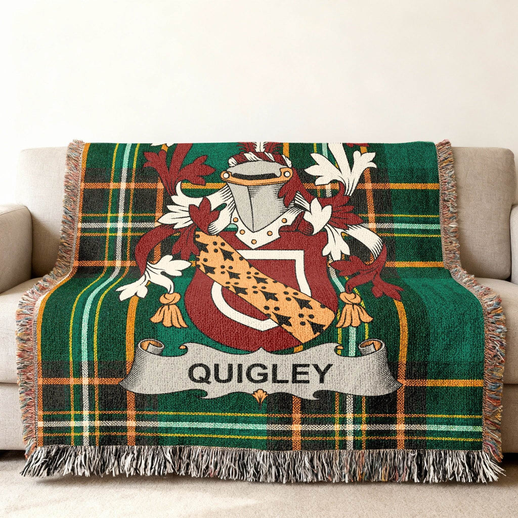 Woven tartan blanket with Quigley family crest.
