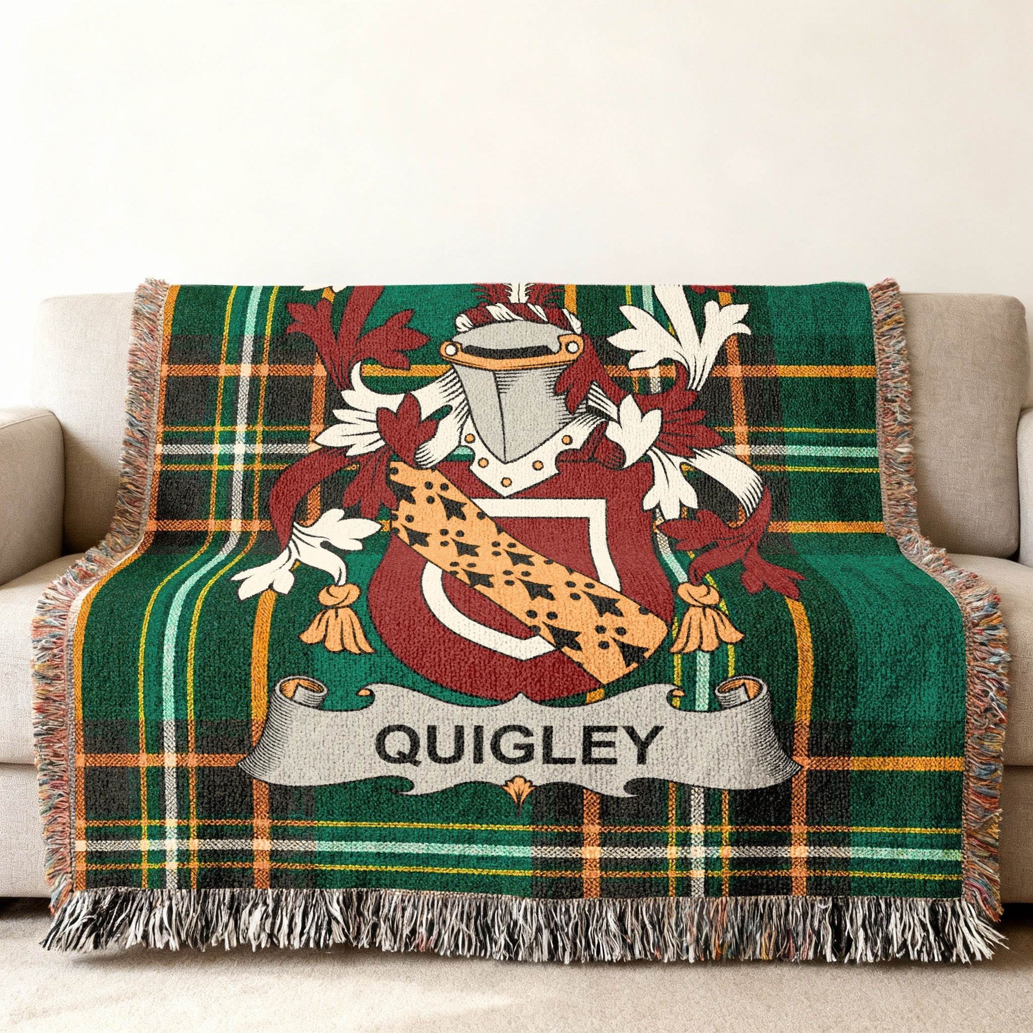 Woven tartan blanket with Quigley family crest.