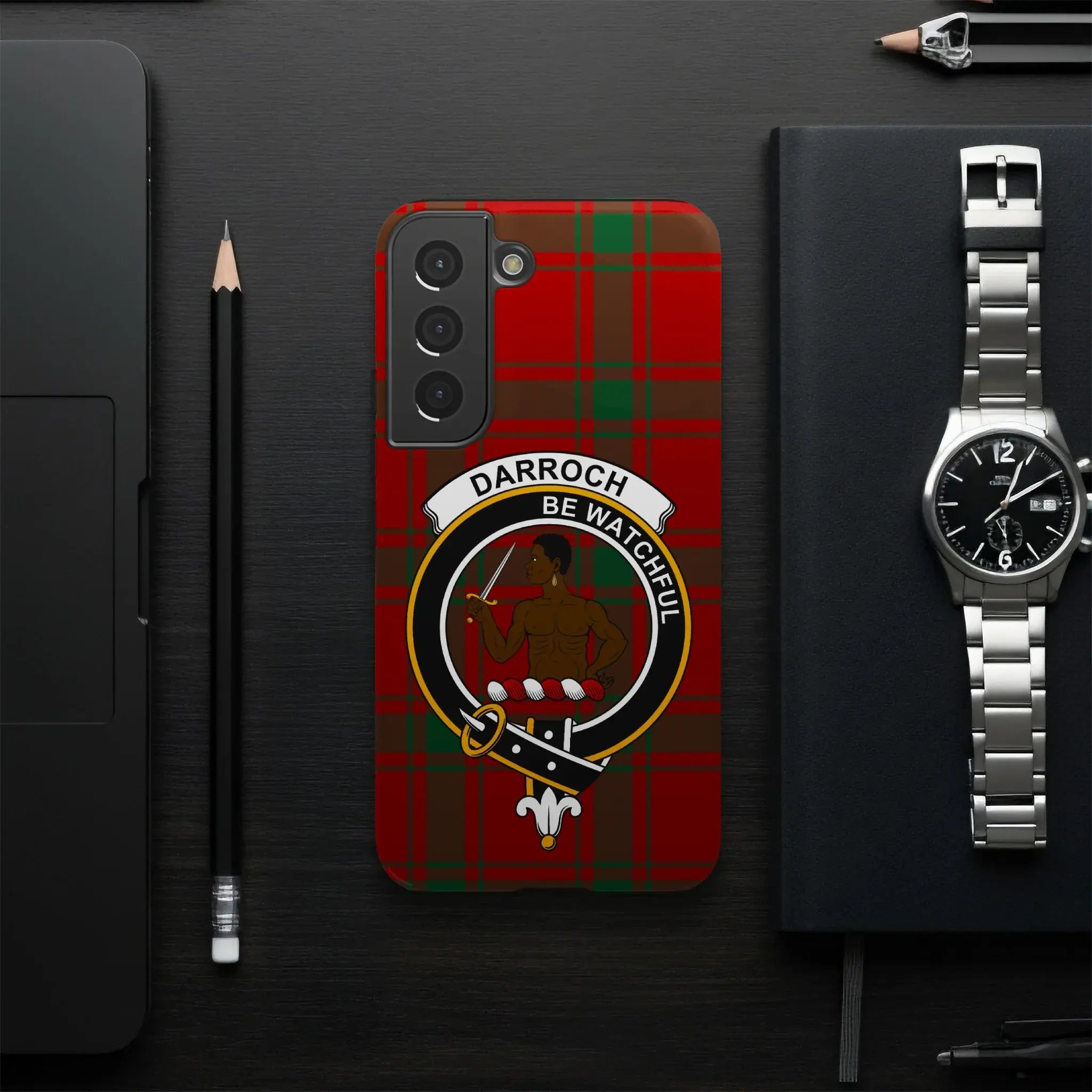 Darroch Scottish clan crest phone case — full edge-to-edge tartan wrap, Samsung model
