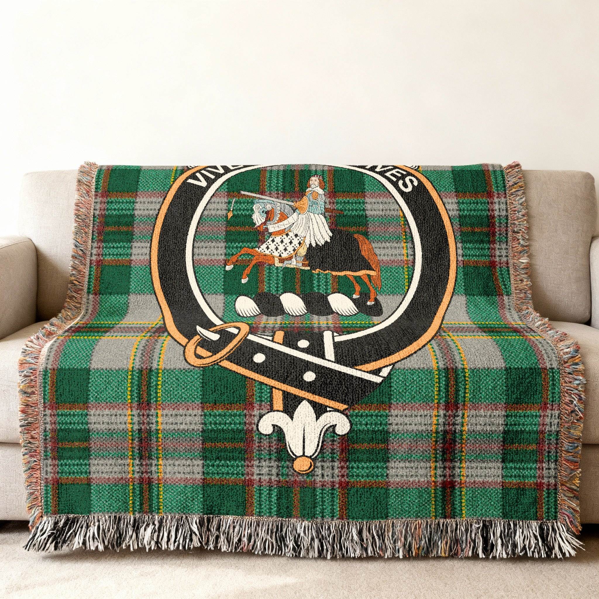 Vibrant Clan Crest Green Plaid Fringed Blanket