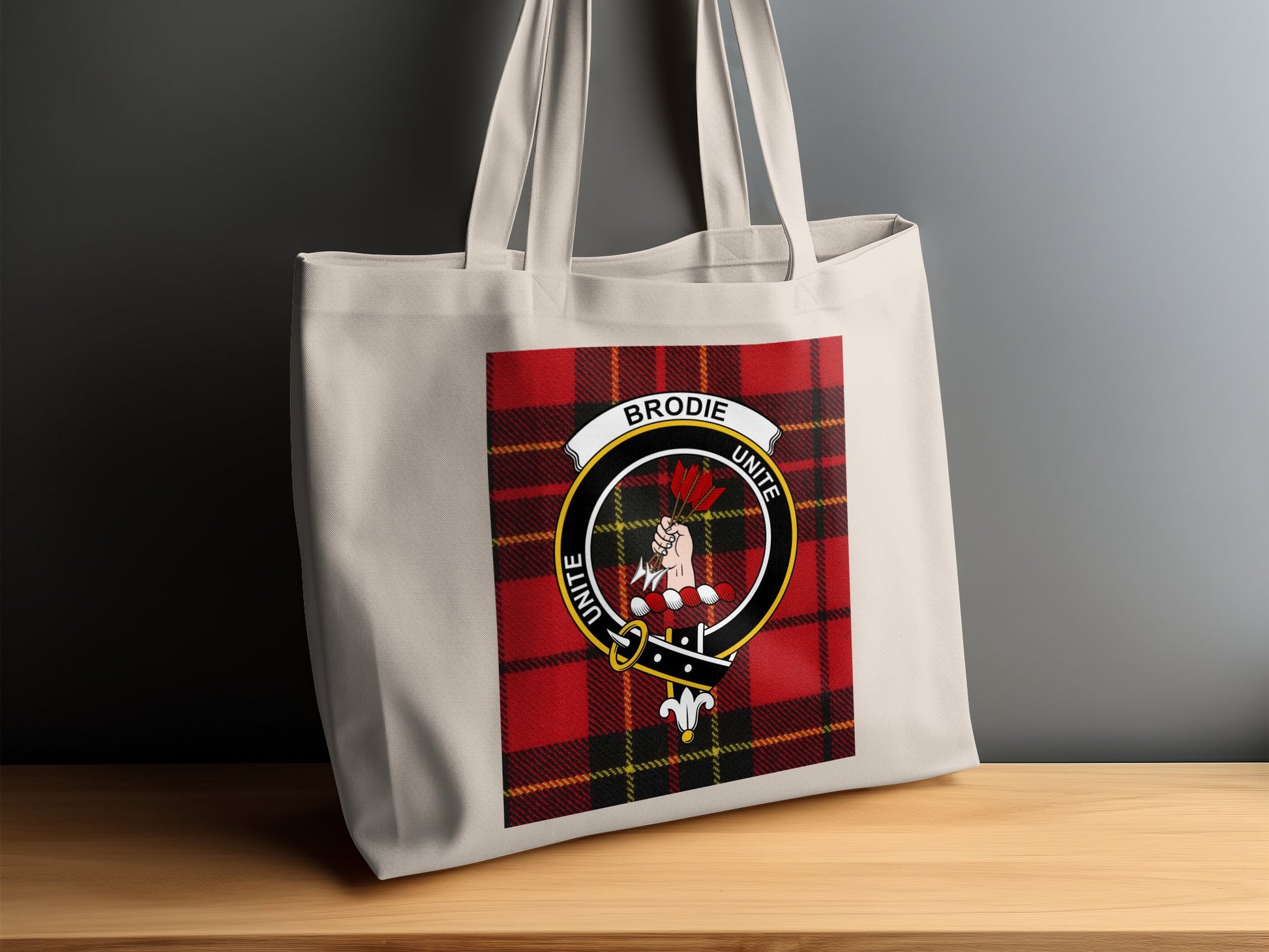 Brodie Scottish Clan Crest on Tartan Background Tote Bag - Living Stone Gifts