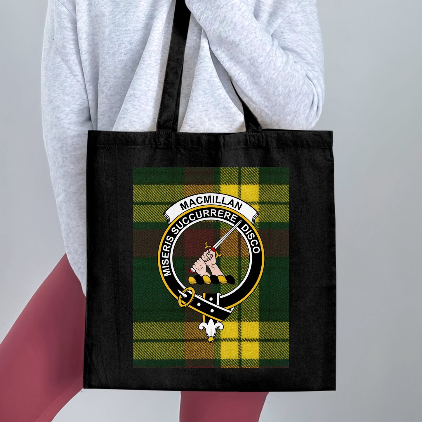 Scottish Clan Crest on Tartan Background Tote Bag - Living Stone Gifts