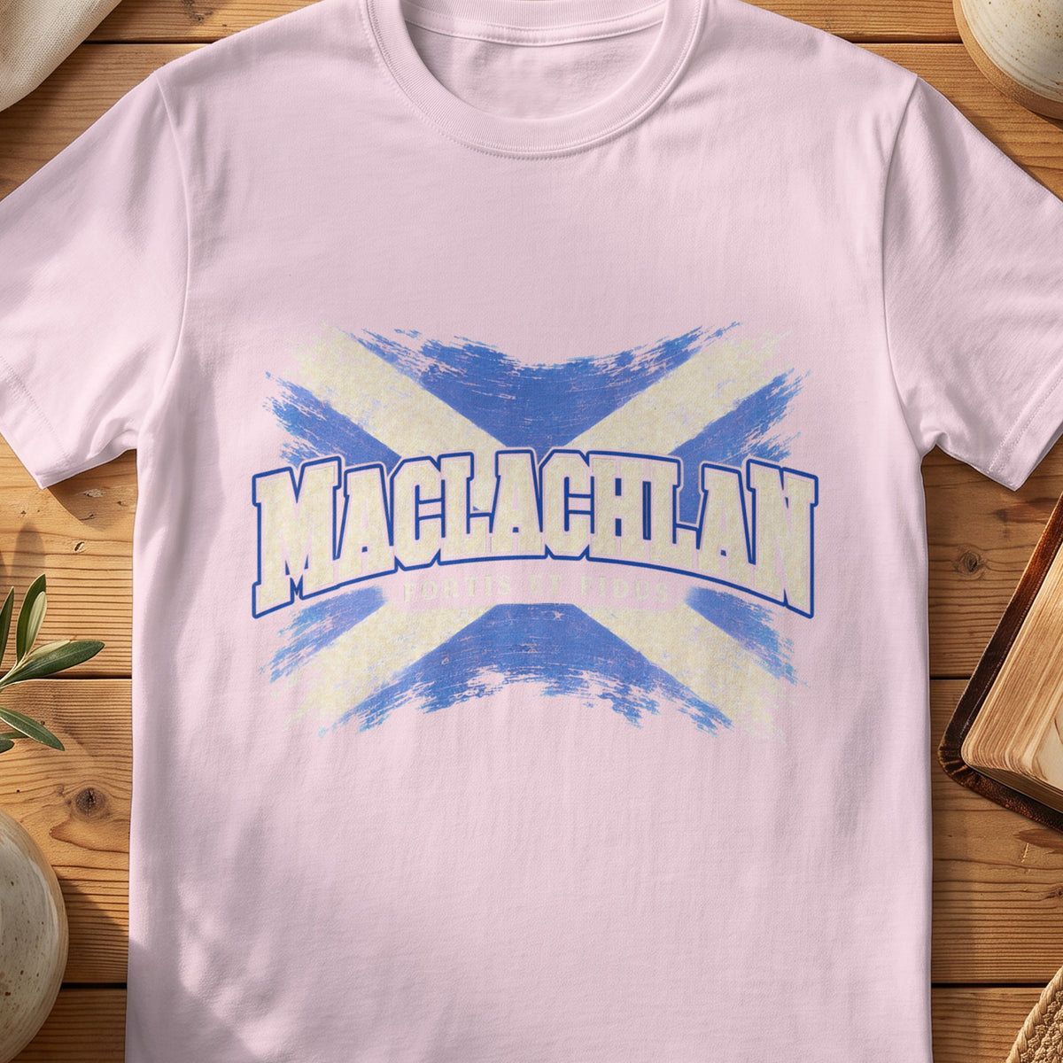 MacLachlan Scottish Saltire T-shirt in Light Pink, with distressed blue and cream flag and “Fortis et Fidus” lettering.