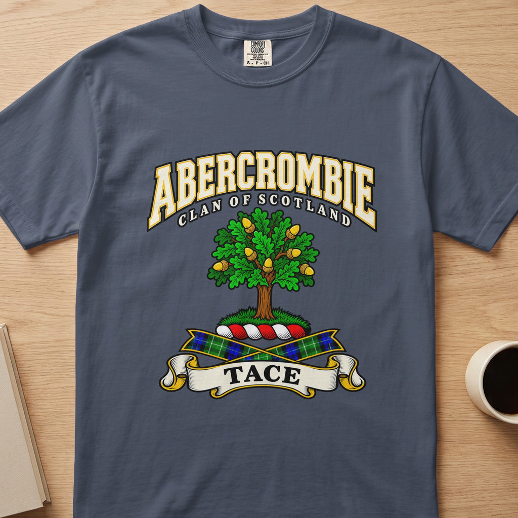 Abercrombie green tree with golden fruit detail graphic on a slate blue Comfort Colors T-shirt, front view