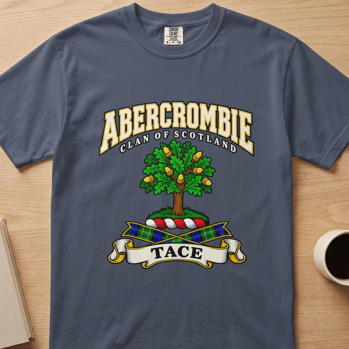 Abercrombie green tree with golden fruit detail graphic on a slate blue Comfort Colors T-shirt, front view