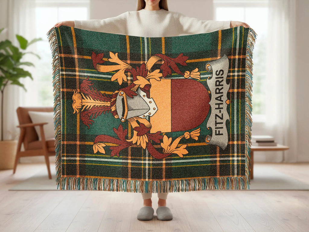 Tartan blanket with Fitz-Harris crest and shield.