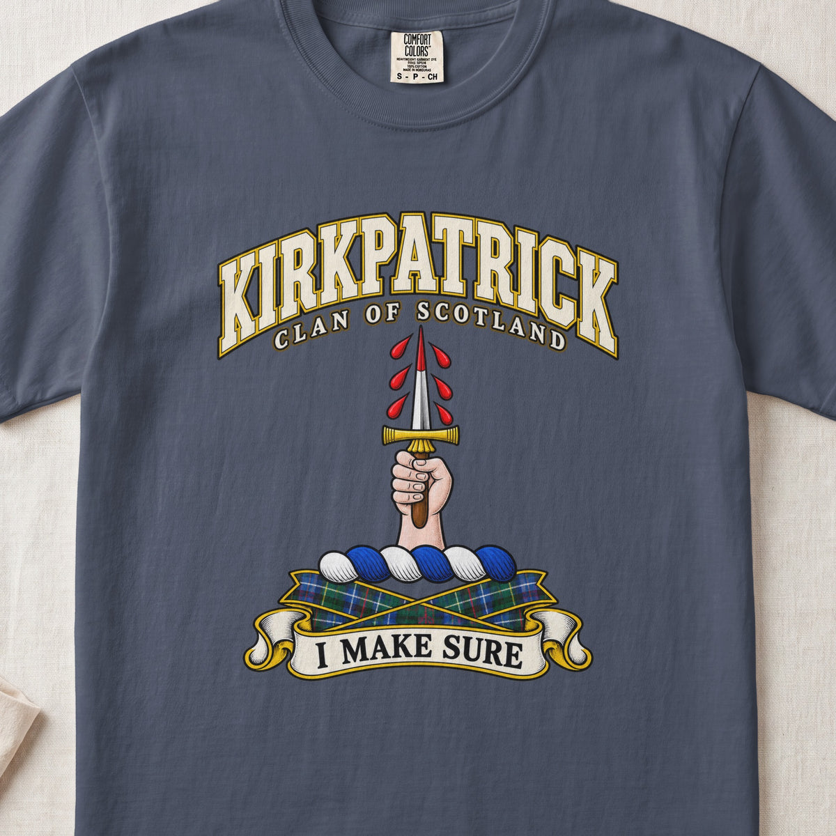 Kirkpatrick Scottish clan T-shirt in Midnight, front view with a hand holding an upright dagger with red droplets and motto design.