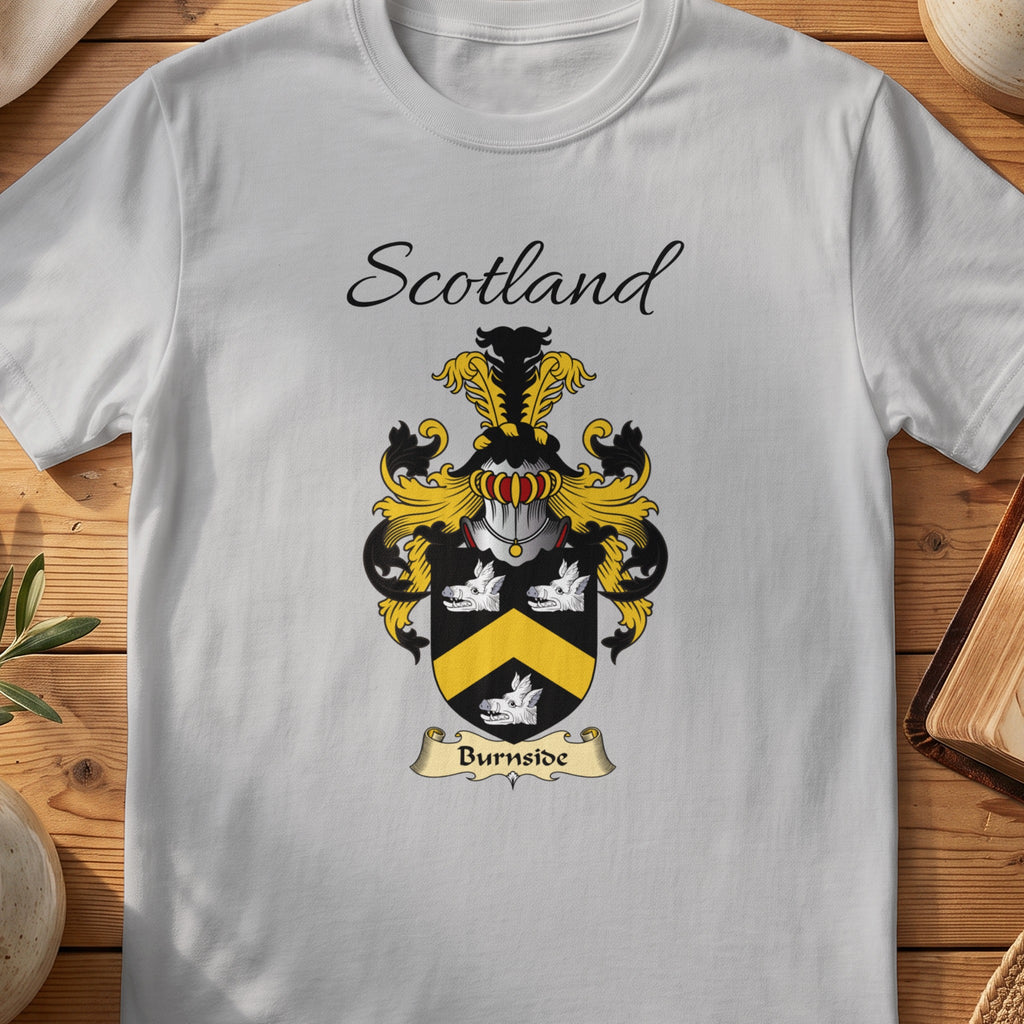 Sport Grey Burnside Scottish family shield T-shirt featuring a gold chevron between pale floral motifs on black