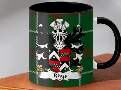 Rhys Coat of Arms on Welsh National Tartan Background Mug - Living Stone Gifts