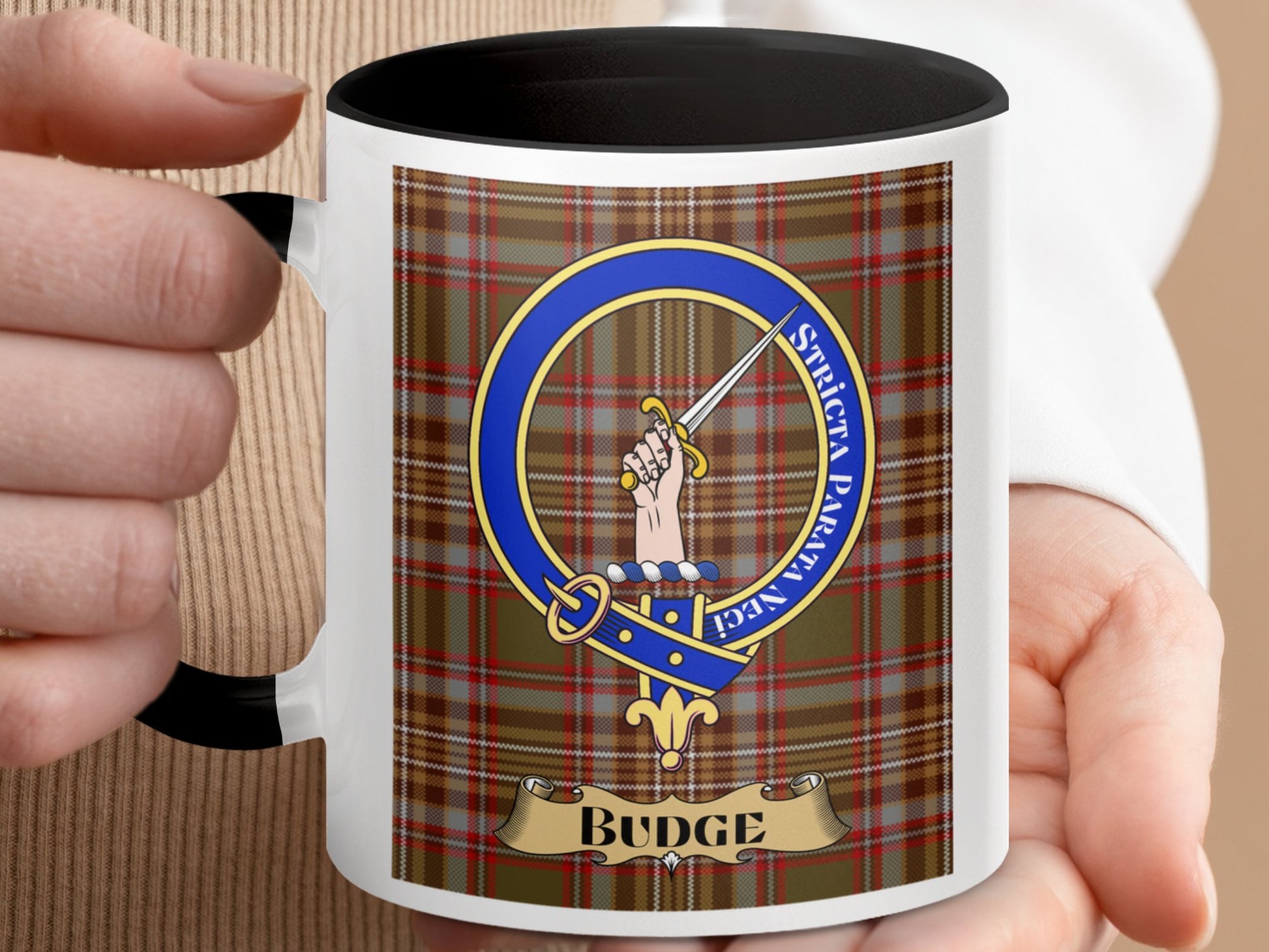 Budge Family Crest Design Tartan Pattern Mug - Living Stone Gifts