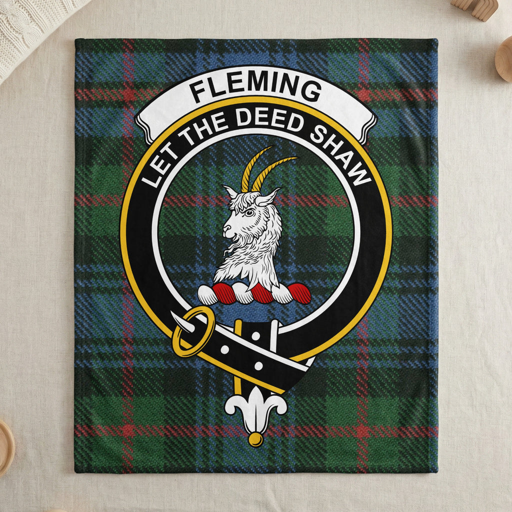 Fleming clan tartan throw blanket with crest — draped display
