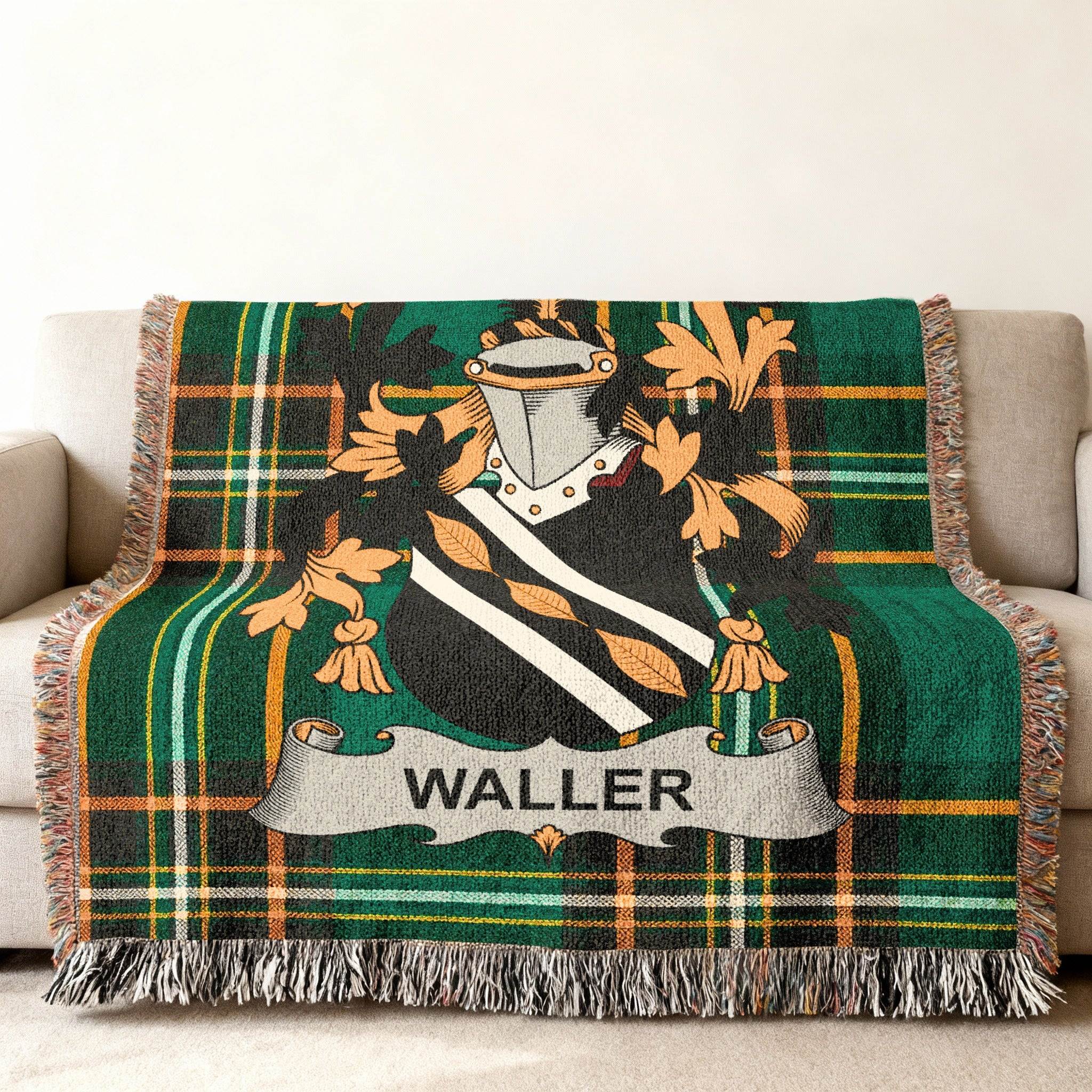 Green tartan blanket with the Waller family crest and name.