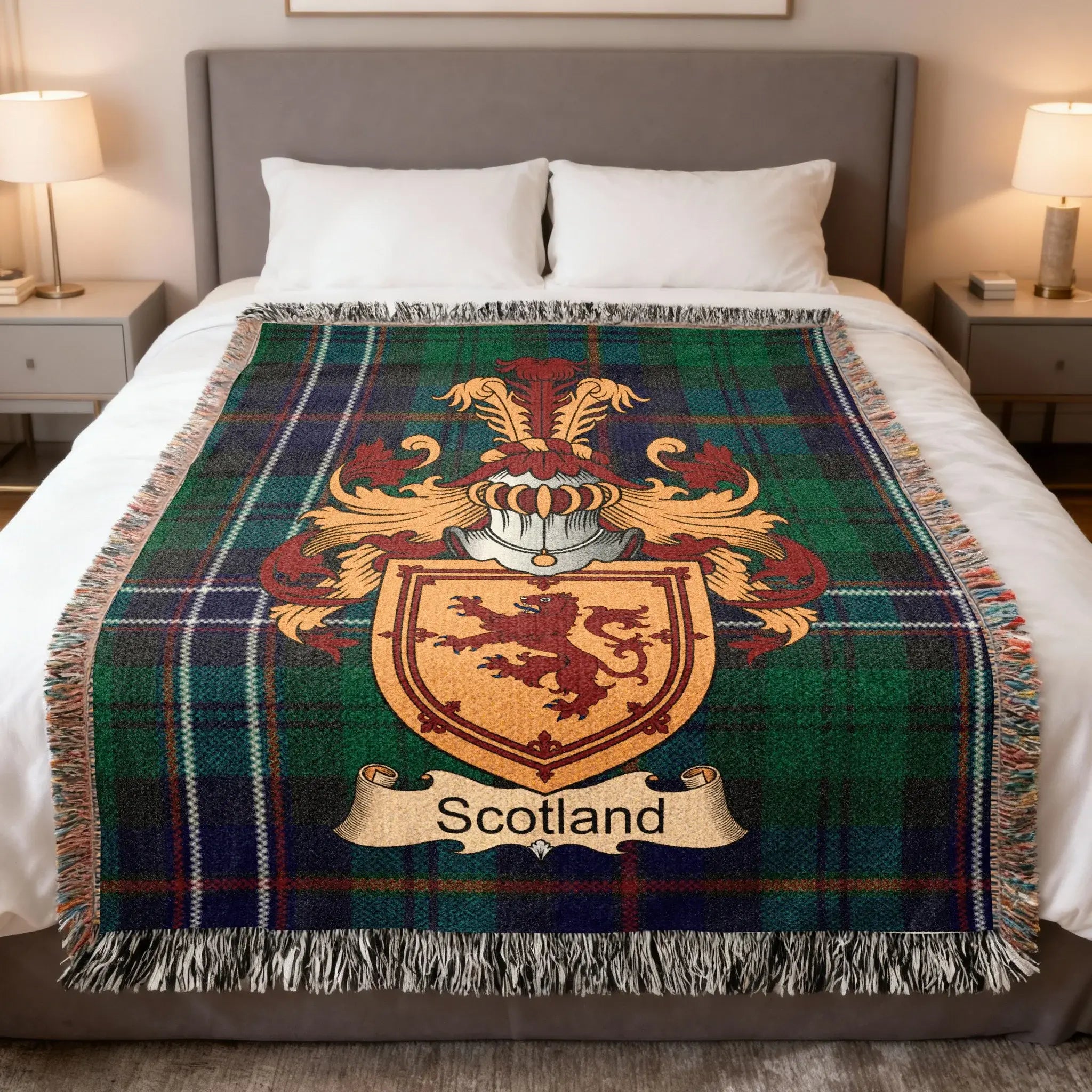Scottish tartan blanket with a coat of arms and "Scotland" banner.