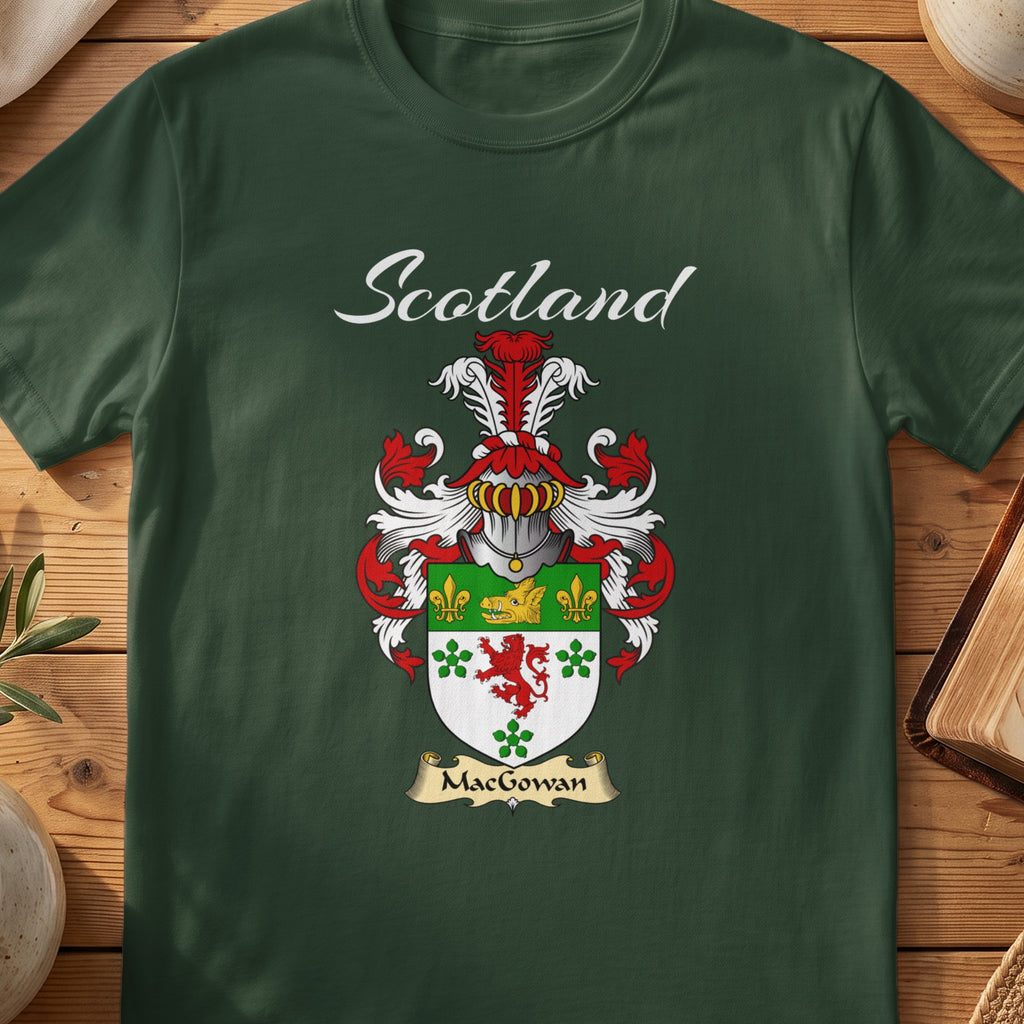 Forest Green MacGowan Scottish T-shirt featuring a green-and-white shield with a red lion and clover motifs