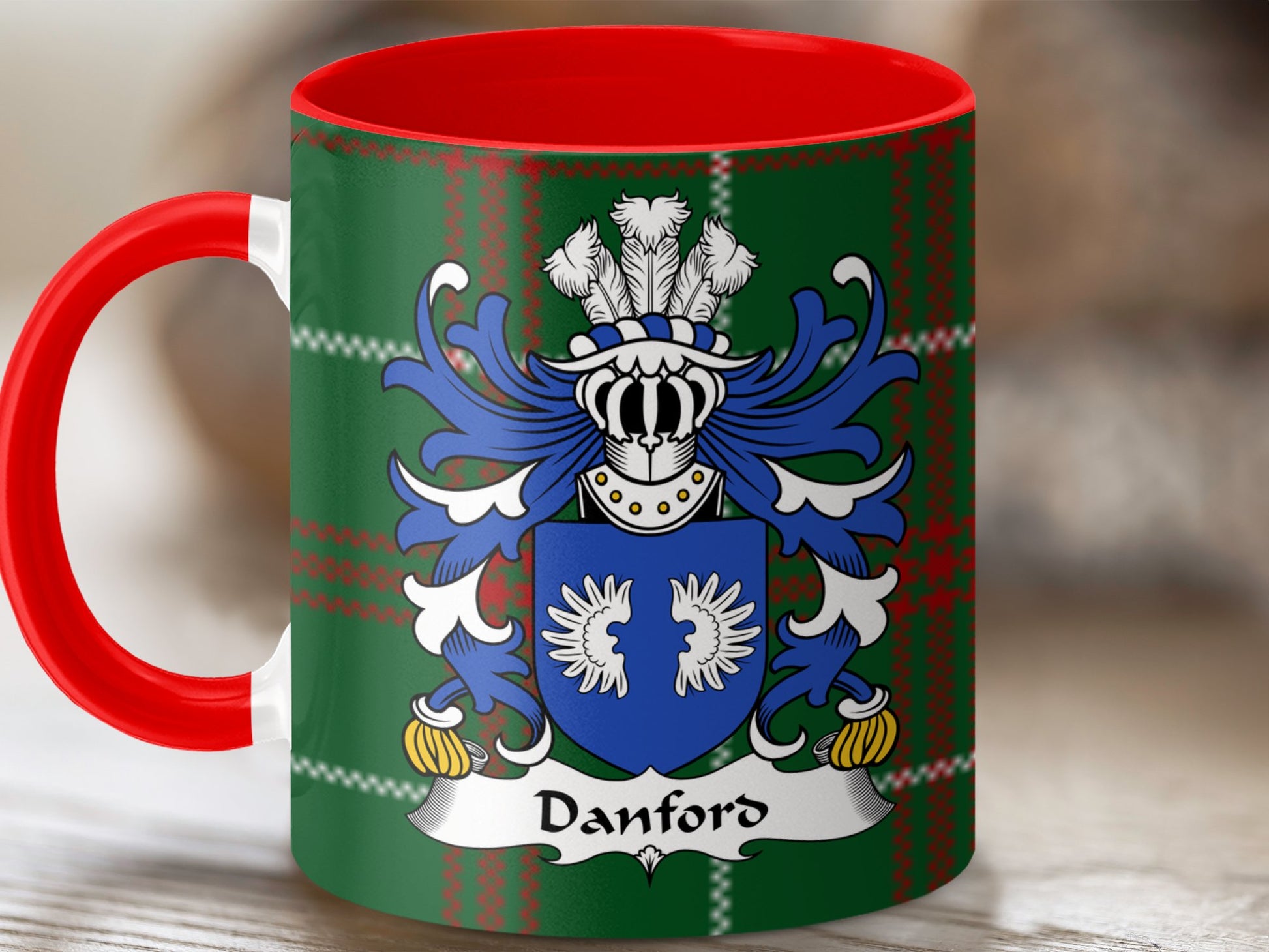 Danford Surname Coat of Arms on Welsh Tartan Mug - Living Stone Gifts