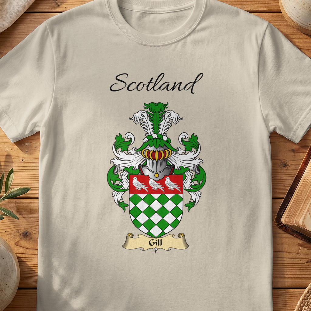 Sand Gill Scottish family shield T-shirt featuring green-and-white diamonds beneath white birds