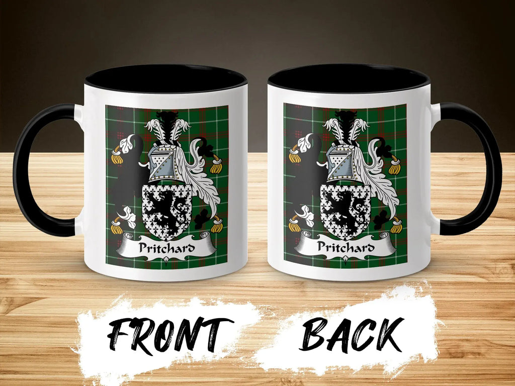 Pritchard Welsh surname coffee mug front and back view with coat of arms