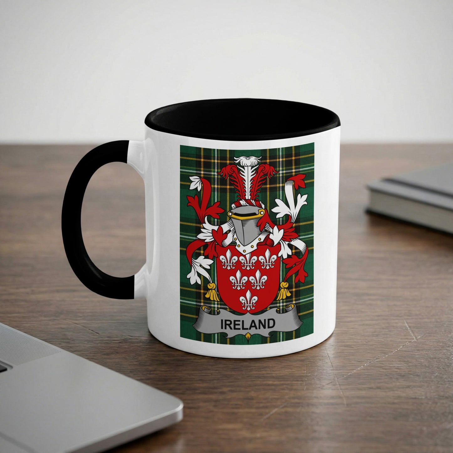 White mug with black rim and handle displaying Irish coat of arms.