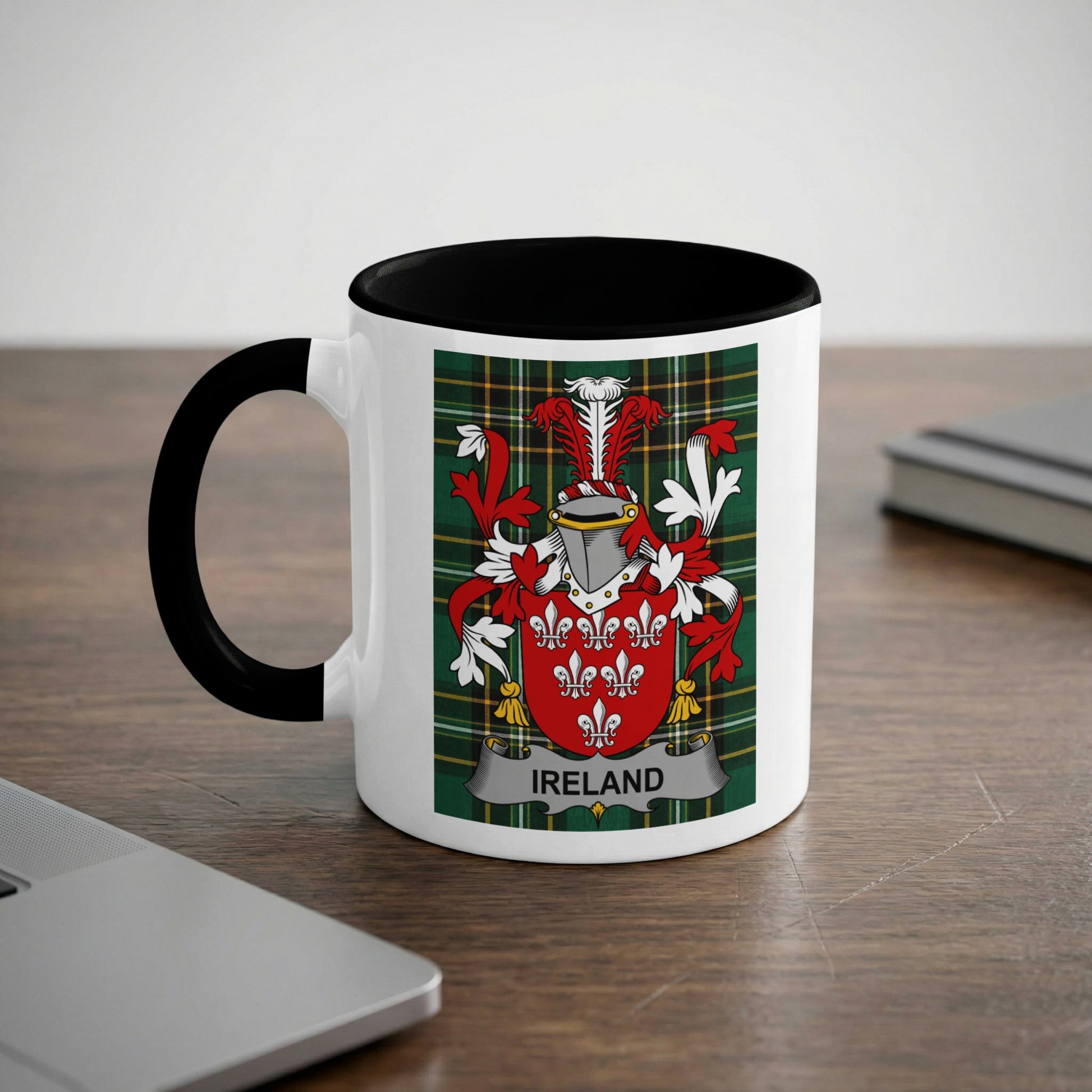 White mug with black rim and handle displaying Irish coat of arms.