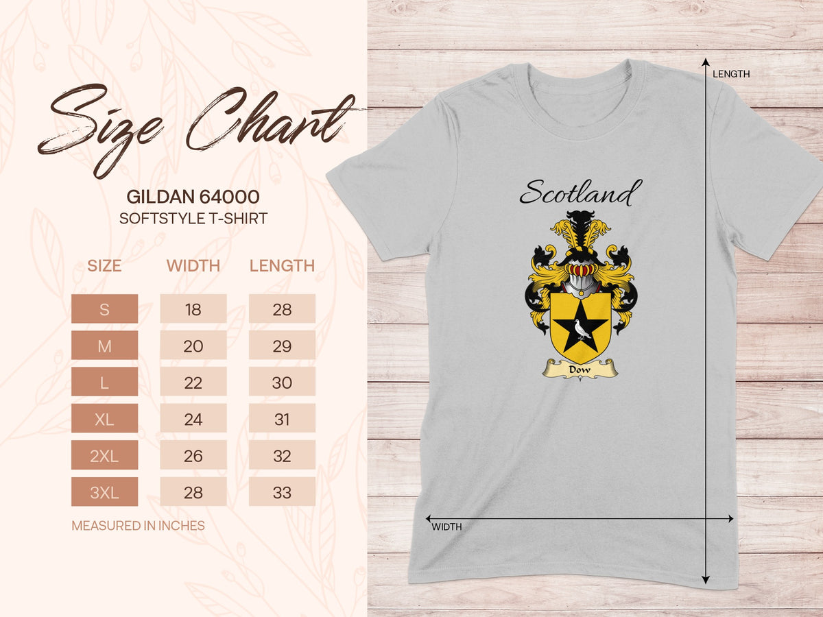 Gildan 64000 size chart for the Dow unisex T-shirt, sizes S to 3XL