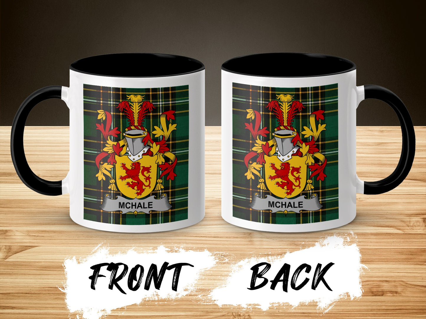 Two mugs showing a McHale coat of arms on a plaid background.